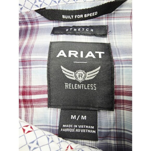 Ariat Stretch Medium Mens White Burgundy Gray Check Embroidered Logo Pearl Snap - Picture 4 of 12